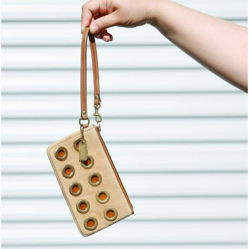 NWT Coach Suede Eyelet Large Phone Wristlet Pouch CAMEL